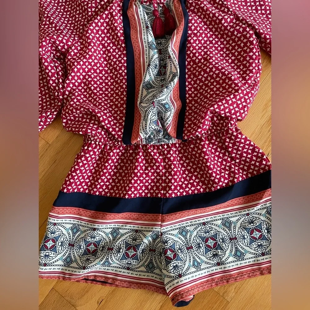 My Michelle Girls Red Geometric Print Off Shoulder Romper Tassel Tie Siz S Youth
